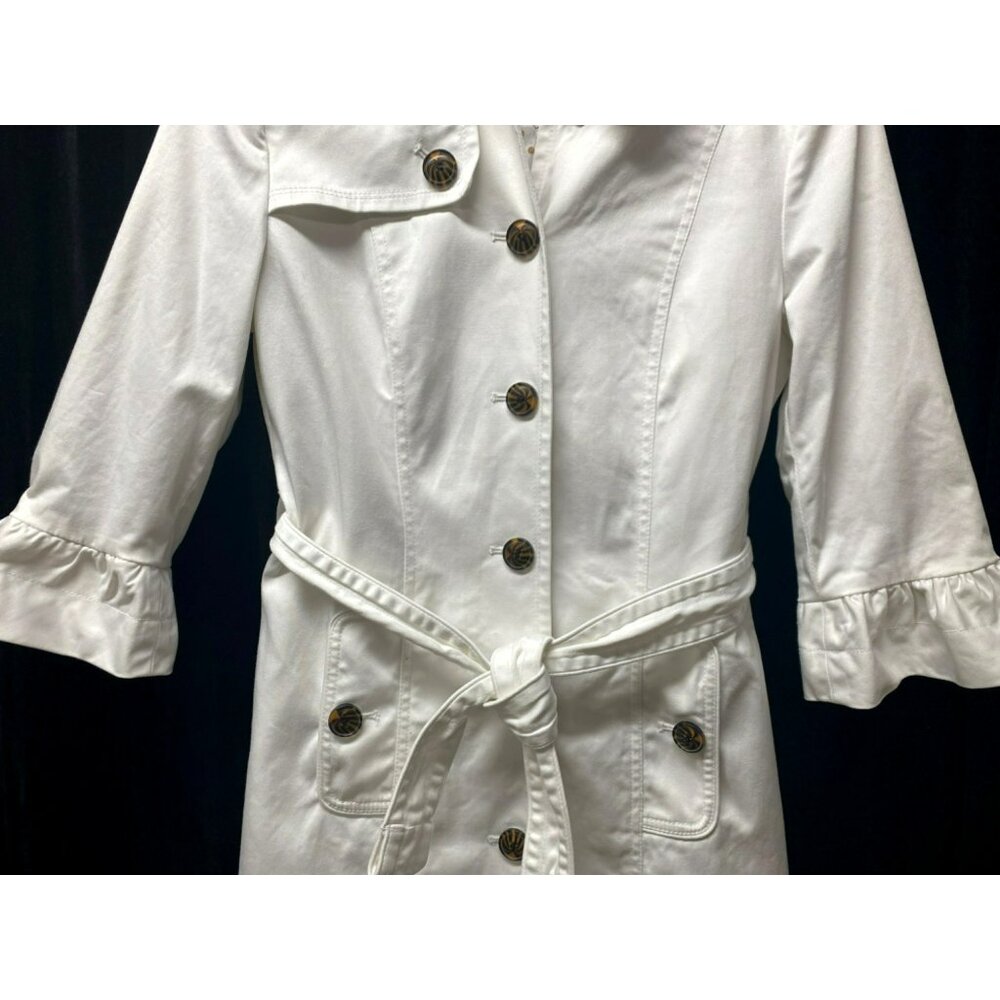 Marvin Richards White Trench Coat Tortoiseshell Buttons & Belted Waist Size S - Picture 3 of 9